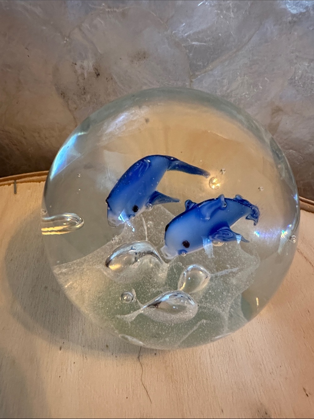 Glass Paperweight with Blue Dolphin Figurines